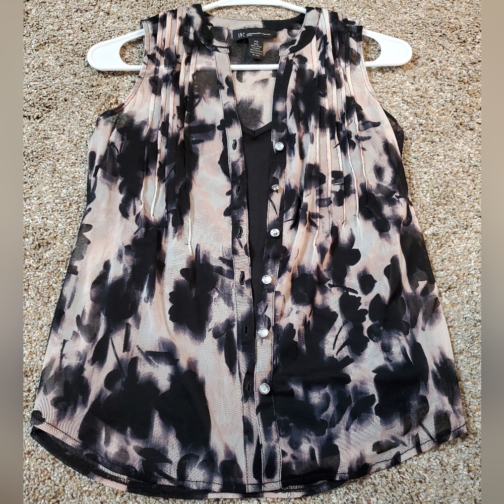 black I.N.C Sheer Pleated Printed Floral Blouse